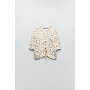 Zara Womens Textured Crochet Cardigan Size XL Cotton Knit Short Sleeve Cream Tie
